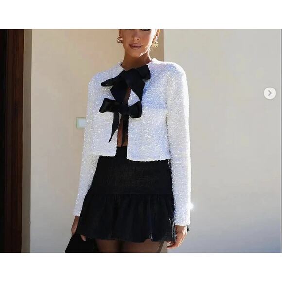 H&M TIE-FRONTED SEQUINED JACKET TOP SEQUIN RIBBON Small - Picture 2 of 5